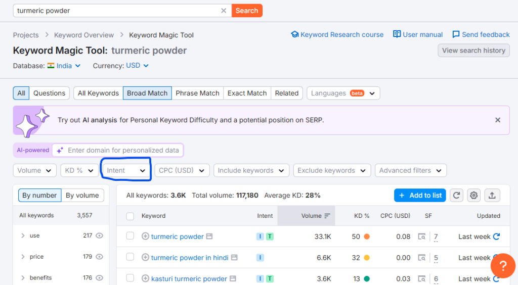 select intent filter for keywords